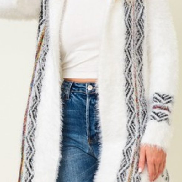 NEW ON BLUE AZTEC SOUTHWESTERN sweater drape cardigan fringe white soft Sm-3XL - Picture 6 of 9